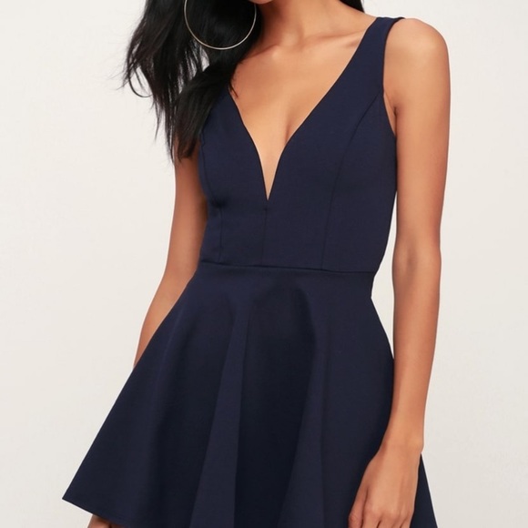 Lulu's  “I Feel Good” Skort Skater Dress Navy Blue Plunging V-Neck - Picture 2 of 12